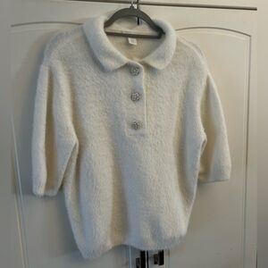 H&M Cozy White Fuzzy Sweater with rhinestone Button Accents